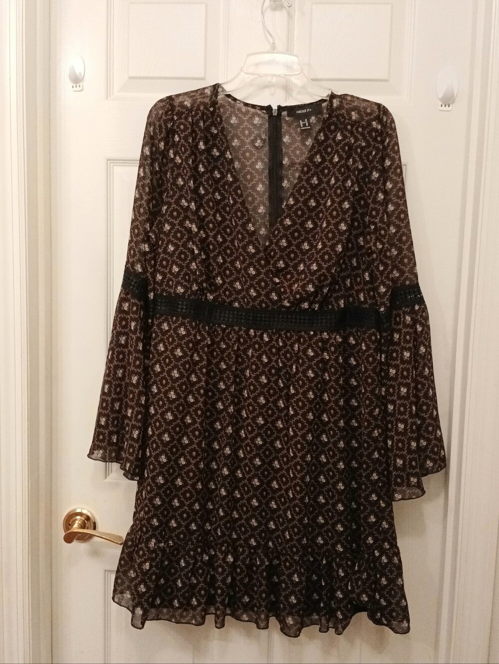 Forever 21 Floral Boho Festival Bell Sleeve Dress Women's Size OX L Brown Black